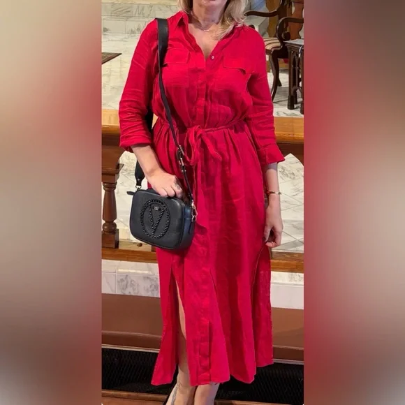 Magaschoni Linen Roll Sleeve Pockets Belted 42"Long Shirt Dress Red L - Picture 4 of 4